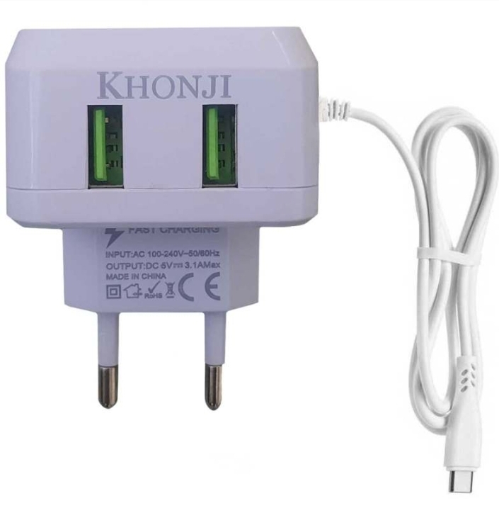 شارژر دیواری خنجی دو پورت به همراه کابل یکپارچه میکرو 2port fast 3.1A